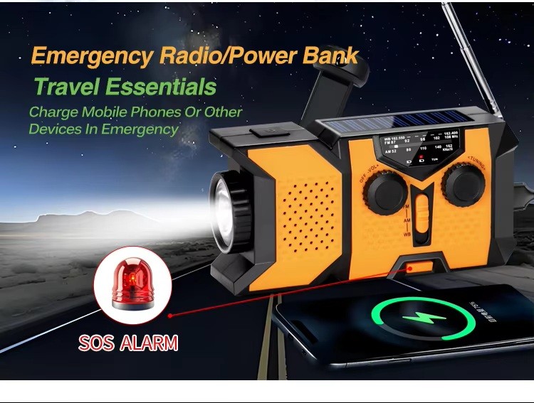 Nødradio med lygte, powerbank, solcelle og håndsving